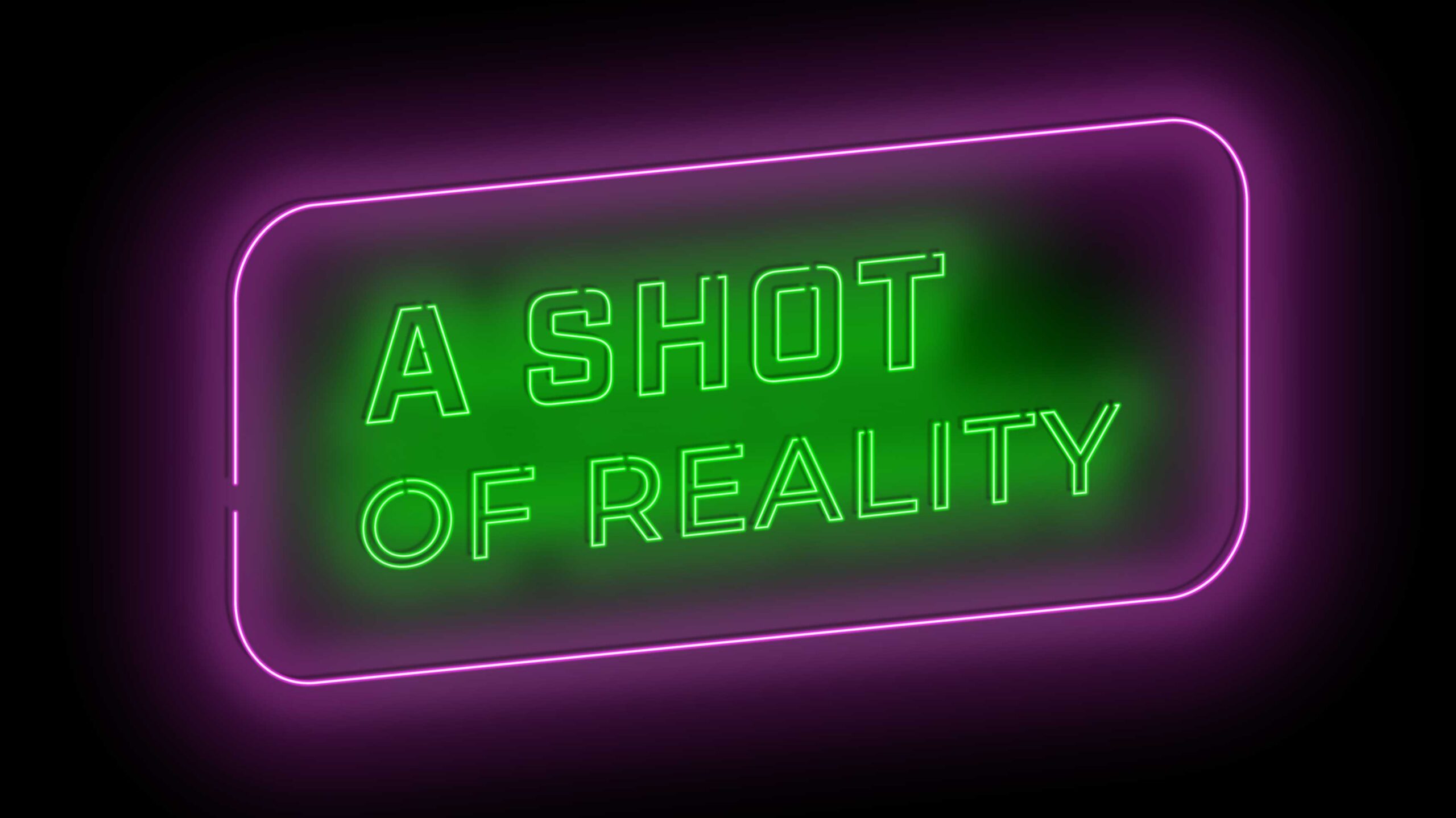 A shot of reality logo, with purple and green neon lights.