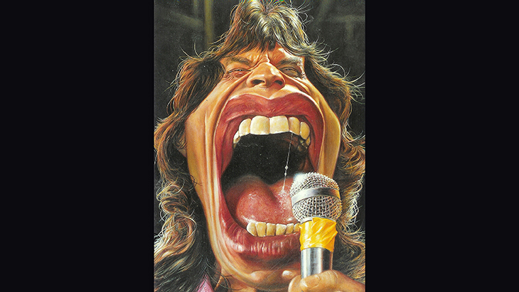 Painted image of Mick Jagger singing into a microphone.