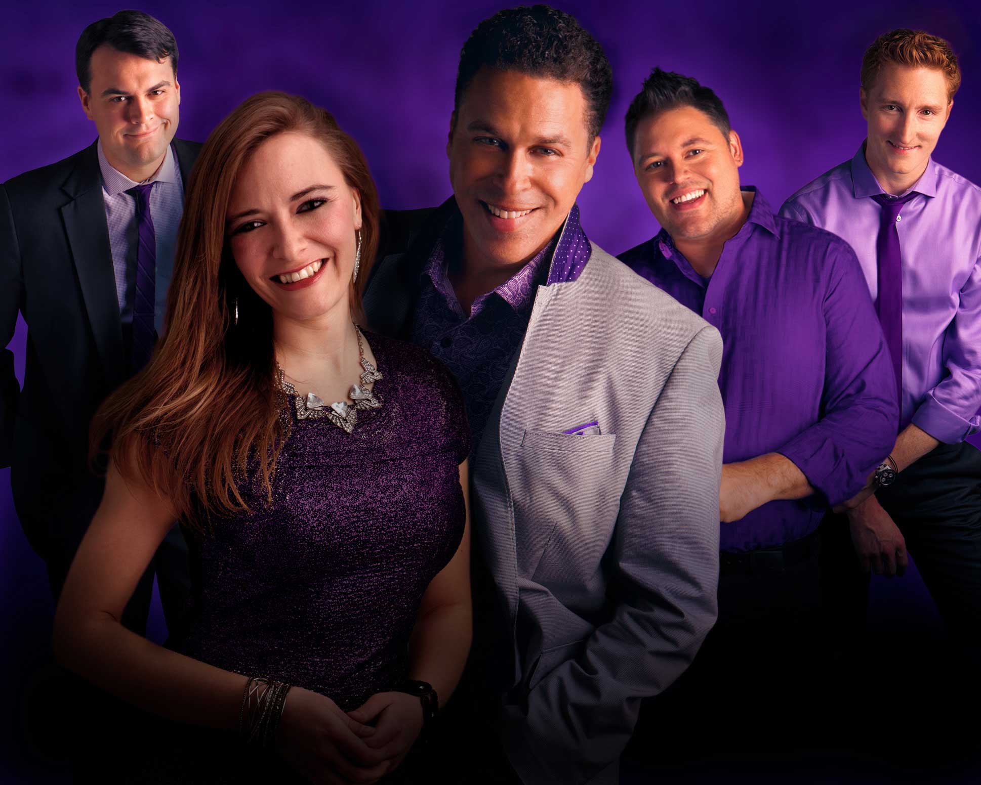 All members of Enough Said are dressed in shades of purple, standing in front of a purple background.