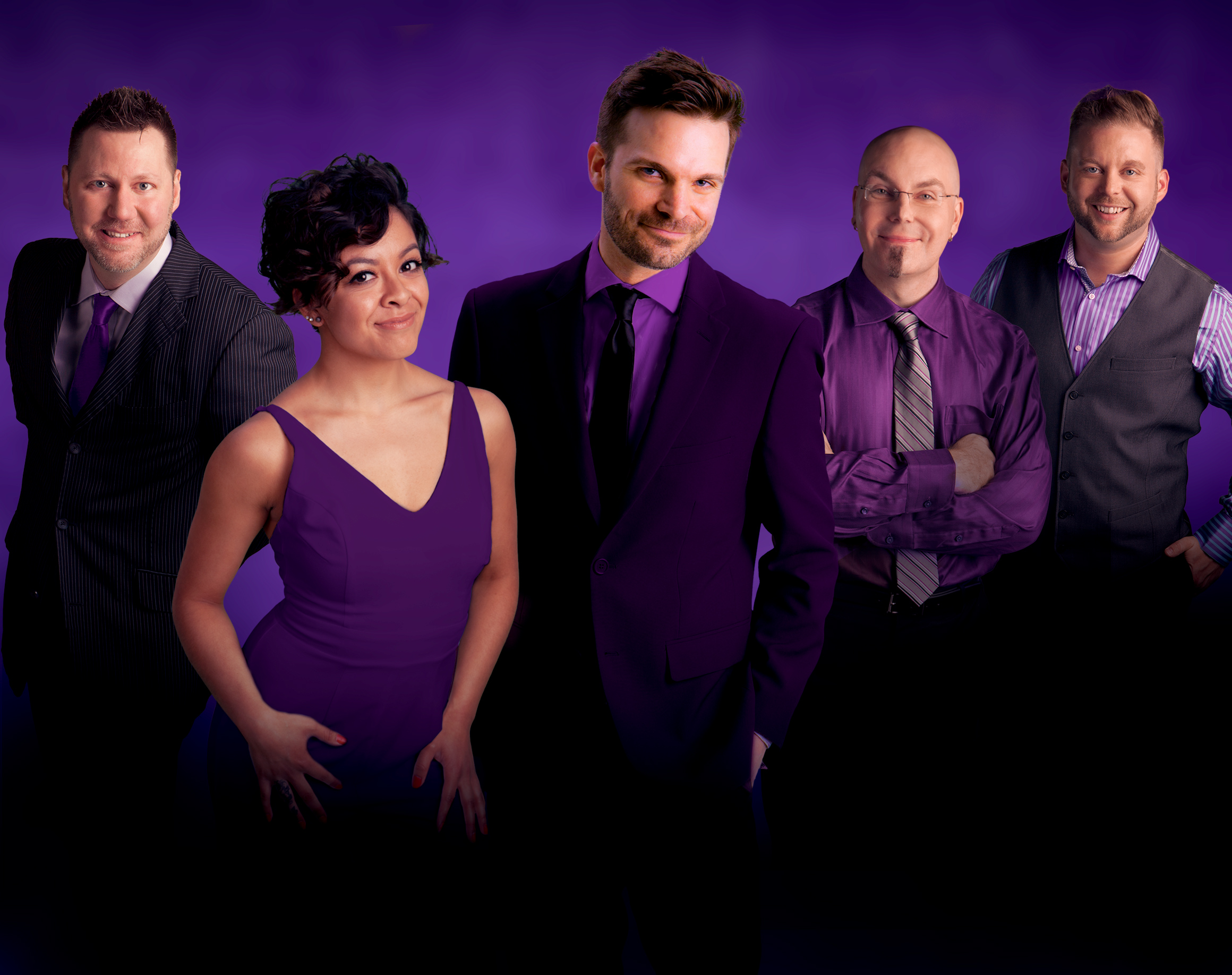 All 5 members of Shout Out are posing in front of a purple background.