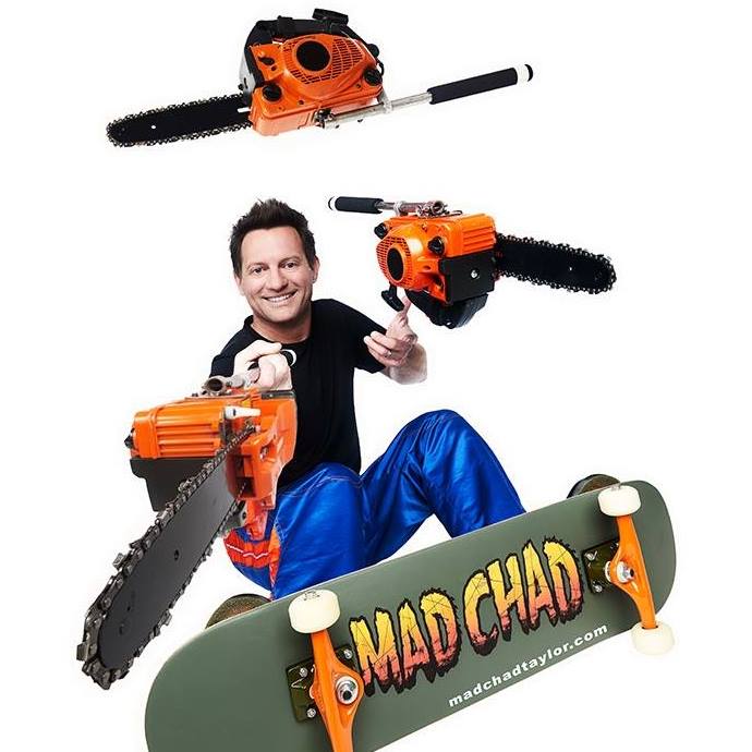 Mad Chad Taylor juggling chainsaws while on a skateboard.