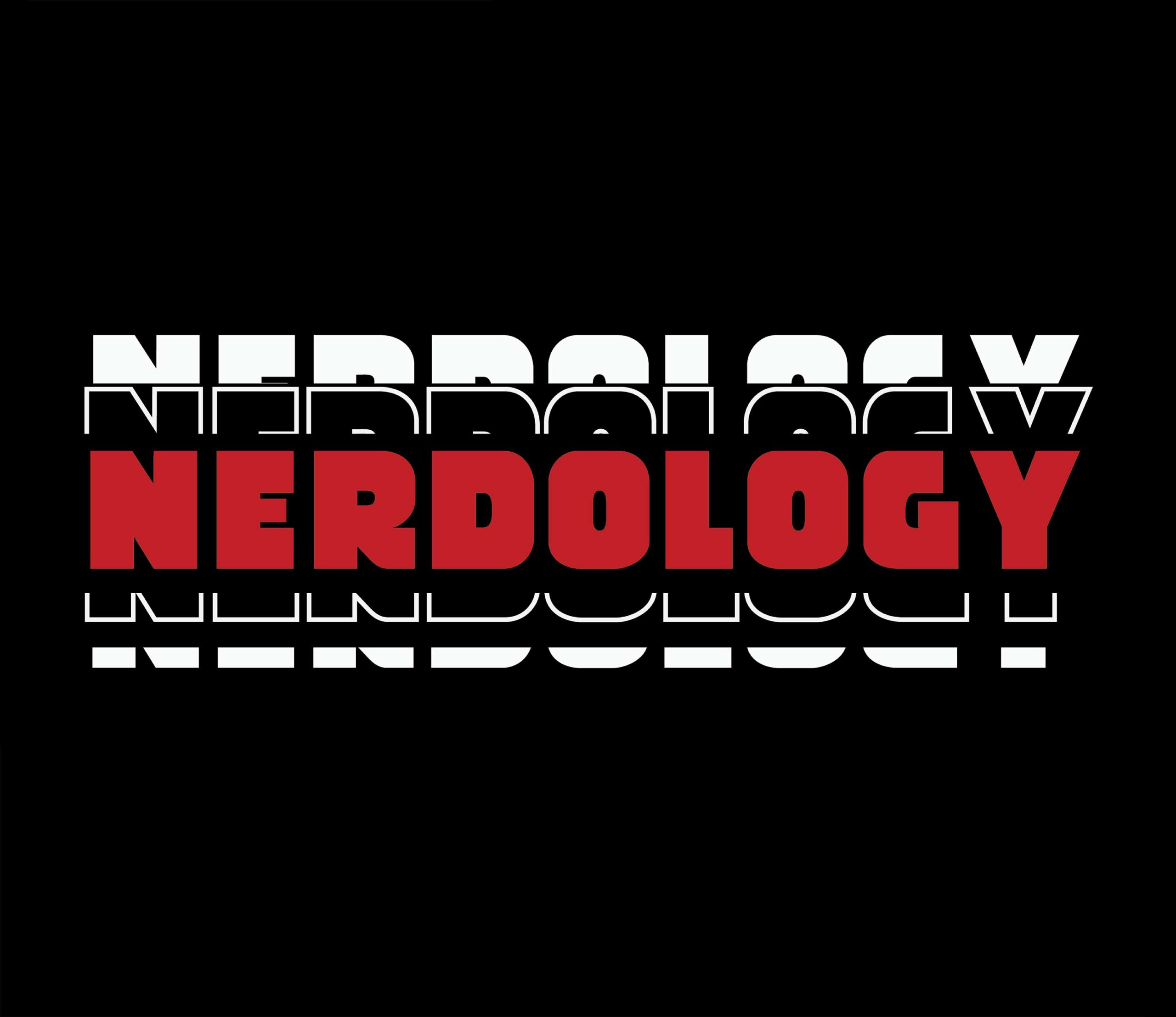 Nerdology in red lettering with white outlines on a black background.