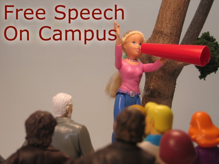Blonde doll shouting into a megaphone about free speech on campus.