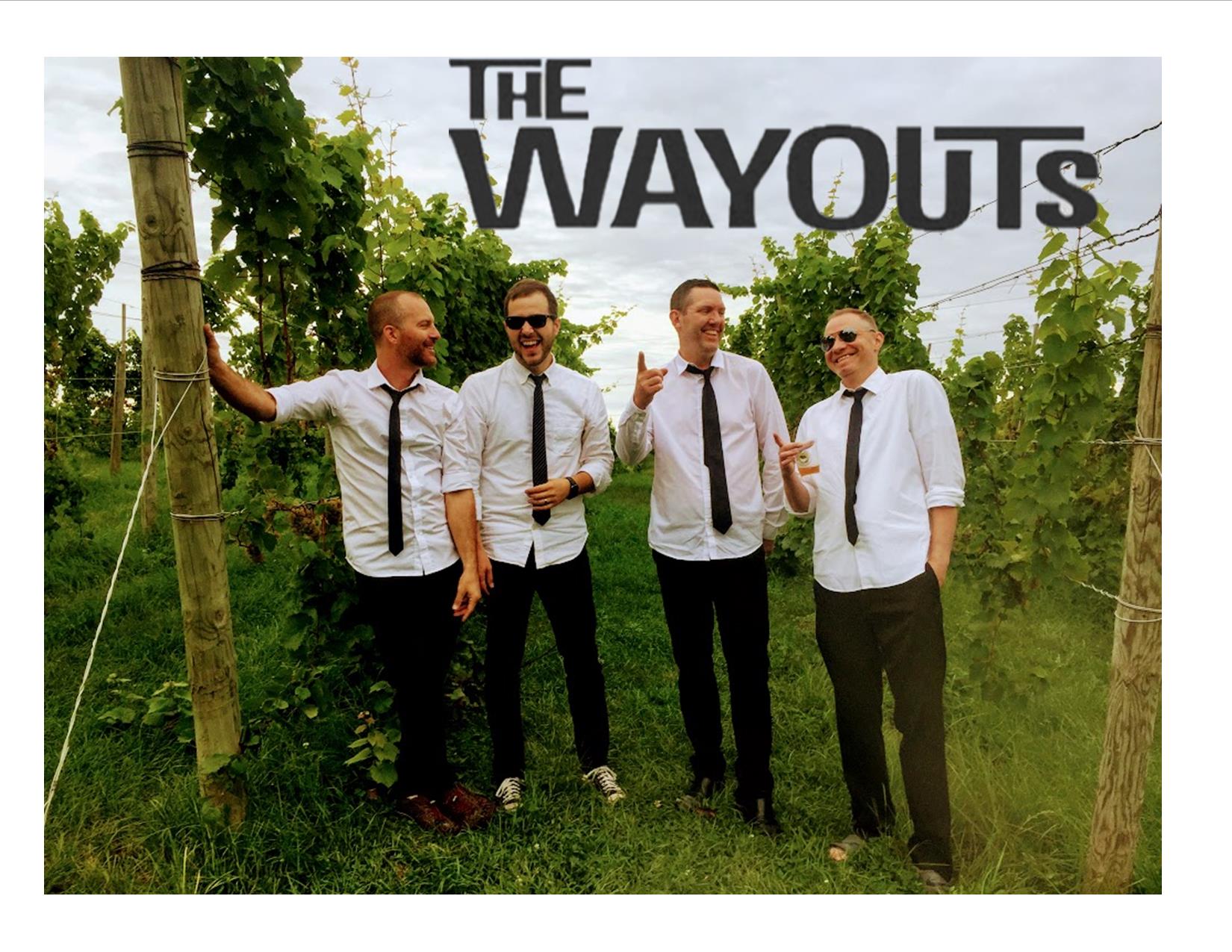 Members of The Wayouts wearing plain white button-down shirts with black ties.