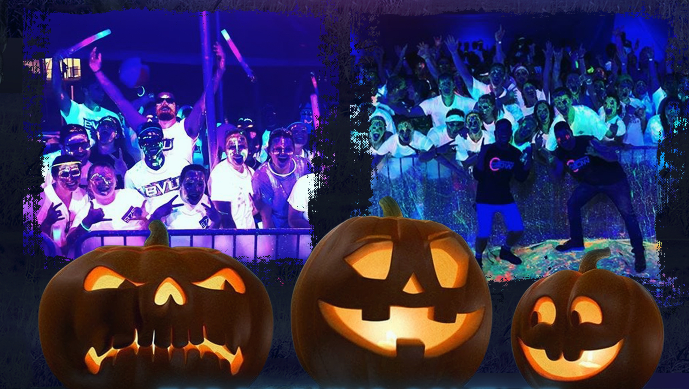 Ghouls, Ghosts and Glow by Operation Glow thumbnail. 3 pumpkins front and center with glow party images in the background.