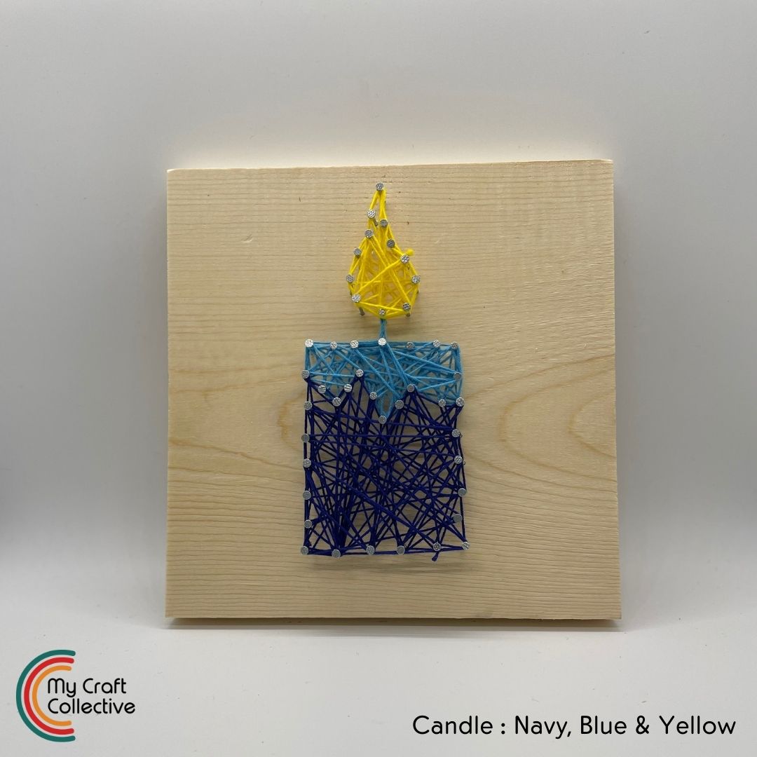 Candle string art made with yellow and blue string.