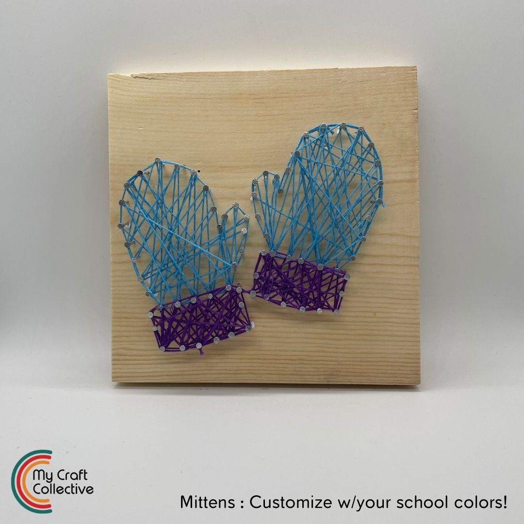 Mitten string art made with blue and purple string.