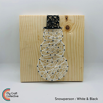 Snowman string art made with white and black string.