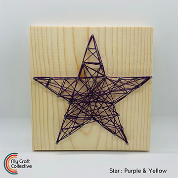 Star string art made with yellow and purple string.