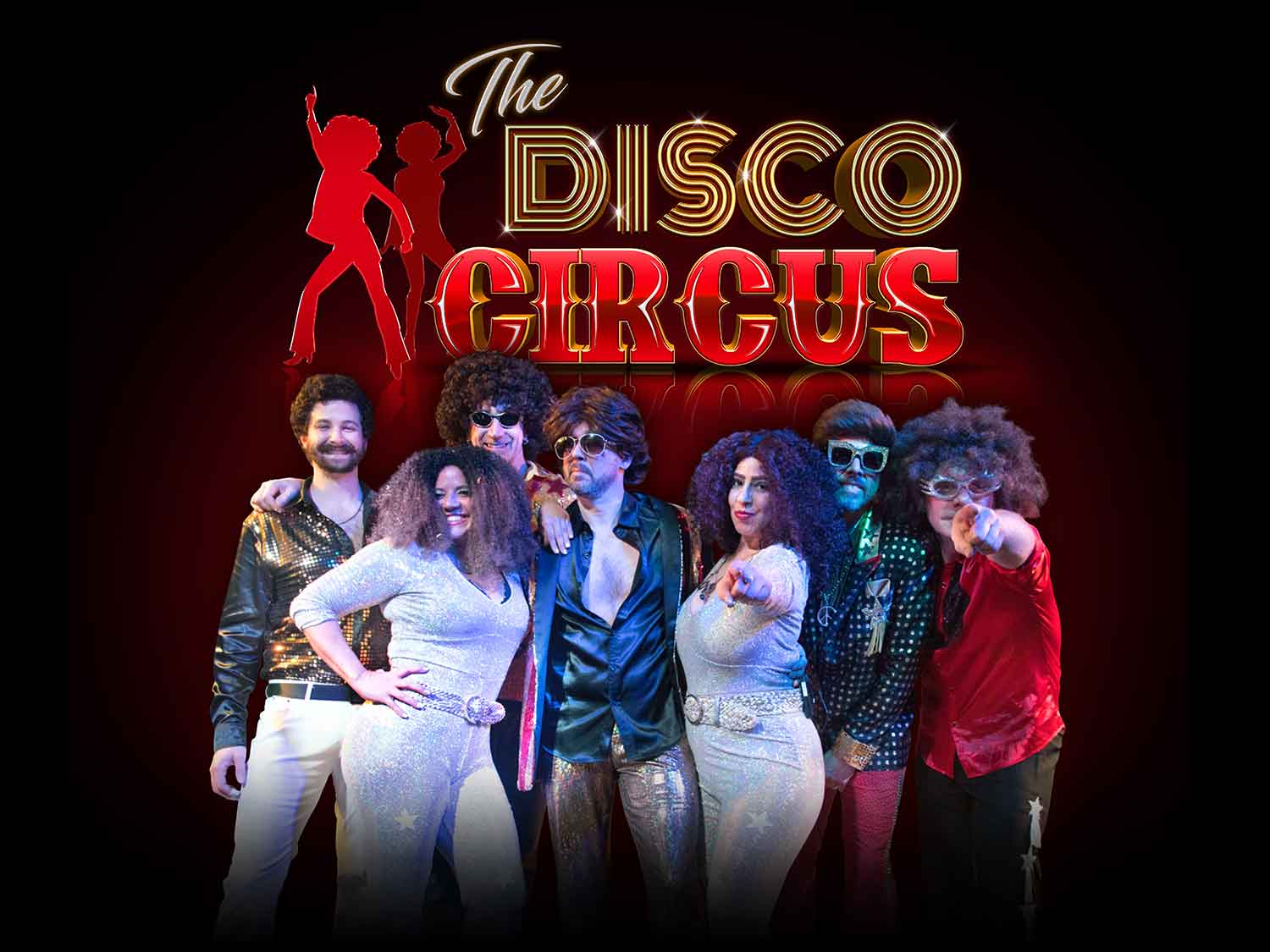 The members of The Disco Circus posing with the logo above them.