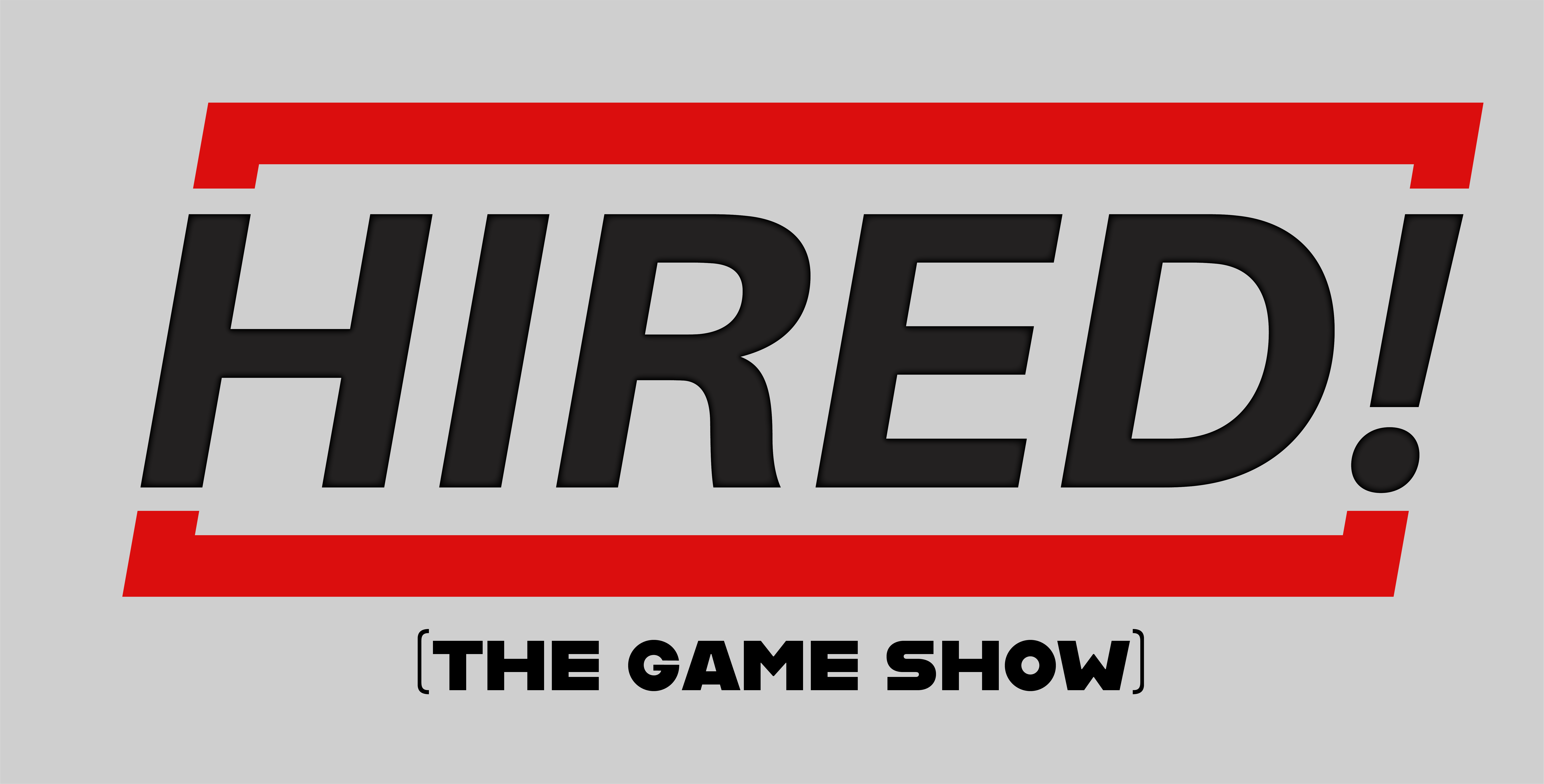 Hired! The Game Show logo in black lettering with a red rectangle around it.